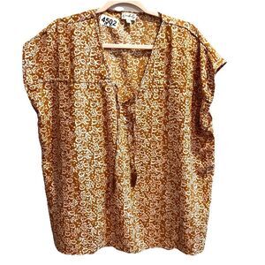 Wonderly Orange Geometric Top XXL Short Sleeve Blouse V Neck Boho Peasant Tie